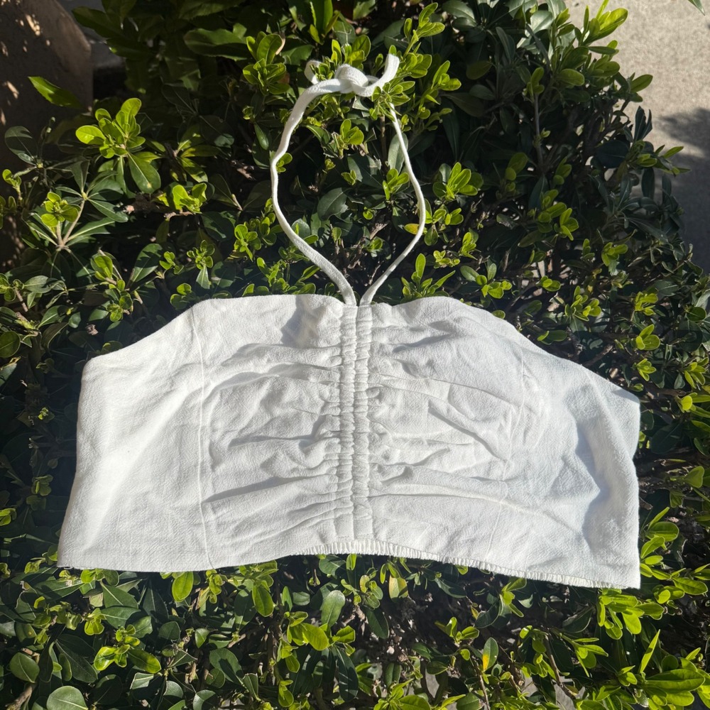 Womens L White Linen Halter‎ Crop Top Ruched Smocked Back Boho Resort Western